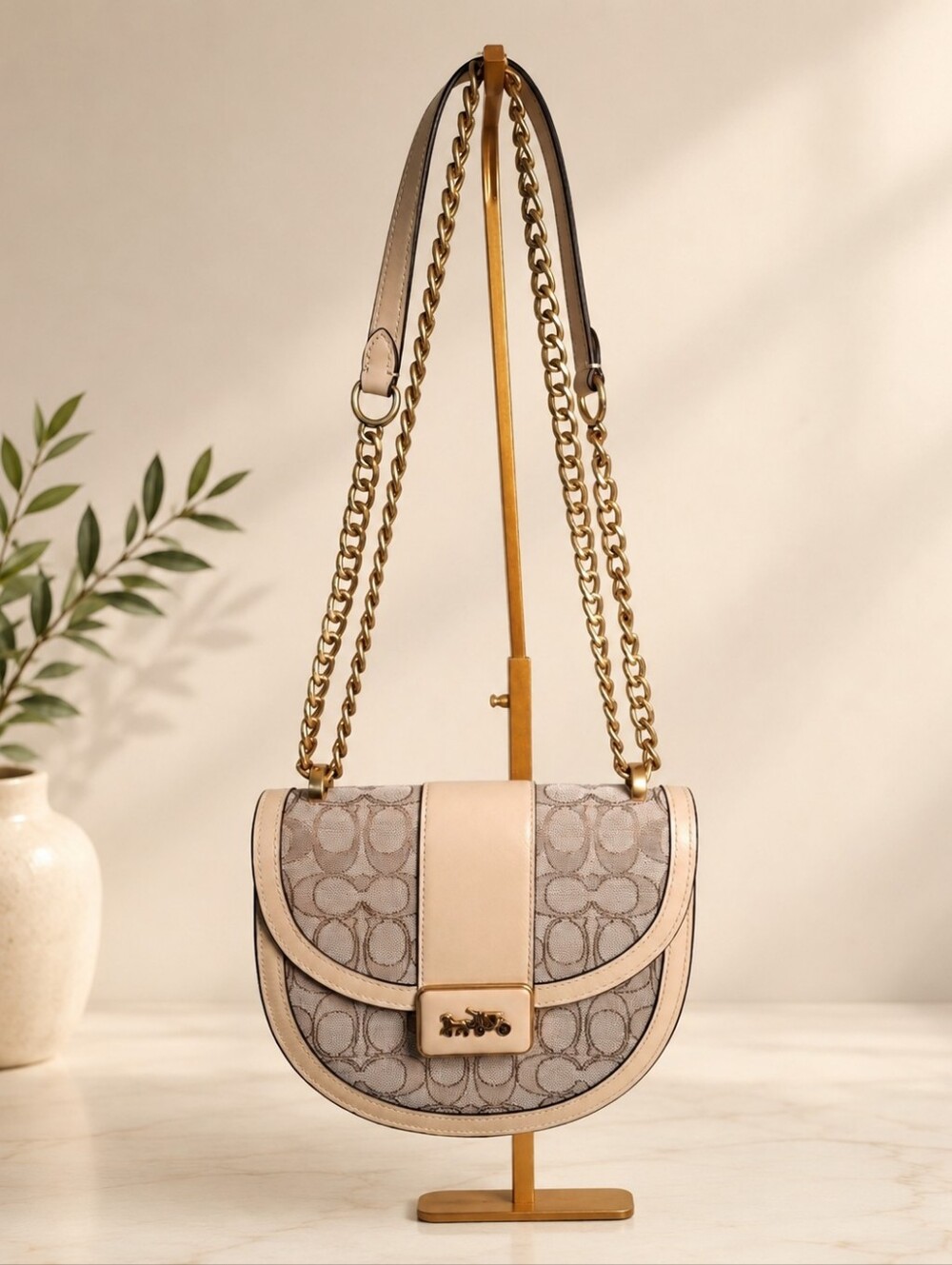 Coach Alie Saddle Bag Signature Jacquard Stone Leather w/ Gold Chain EUC